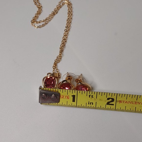 Very Cute Gold Tone Heart Necklace And Earring Set With Pink Stones - Picture 12 of 15